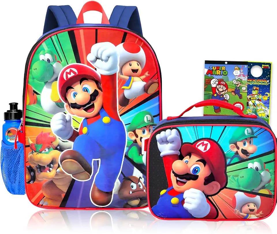 Super Mario Backpack with Lunchbox Set for Boys Bundle, More