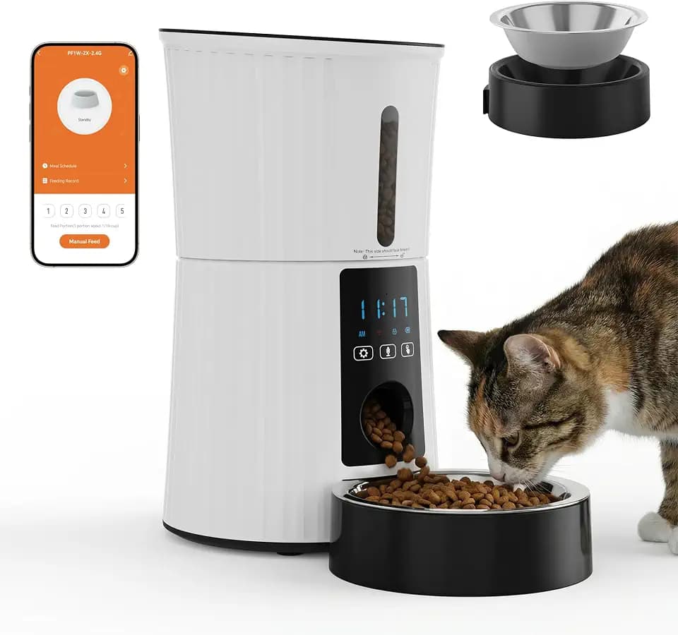 DUMOS Automatic Cat Feeder, 4L Timed Cat Food Dispenser with APP Control, 10s Voice Recorder, Dual Power Supply, 2.4G WiFi Indoor Programmable Pet Feeder with Desiccant for Small Cats and Dogs, White