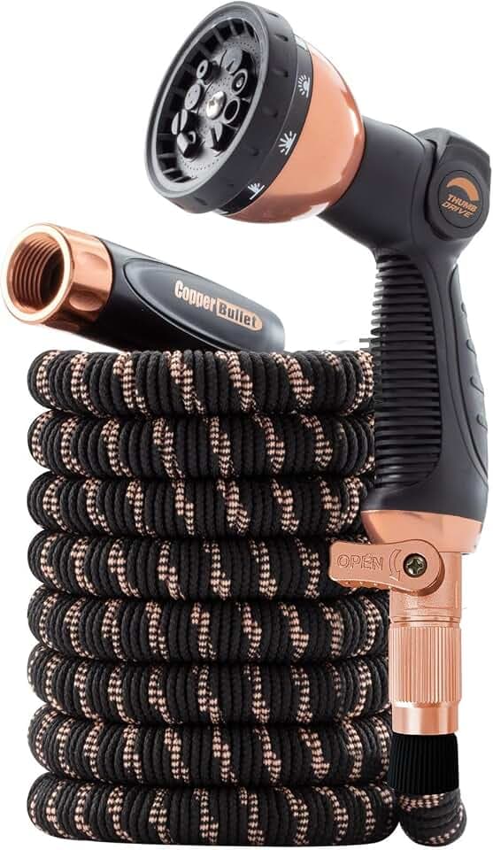 Pocket Hose 50 FT Copper Bullet Hose, Thumb Spray Nozzle, 650psi, No-Kink