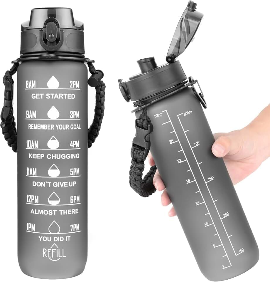 AiQInu Trinkflasche 1.0L, Wasserflaschen mit Zeitmarkierung & BPA-frei, auslaufsicher, Einhand-Öffnung, sicherer Verschluss, Regenschirmkordel geflochtener Tragegriff für Gym Fitness Outdoor