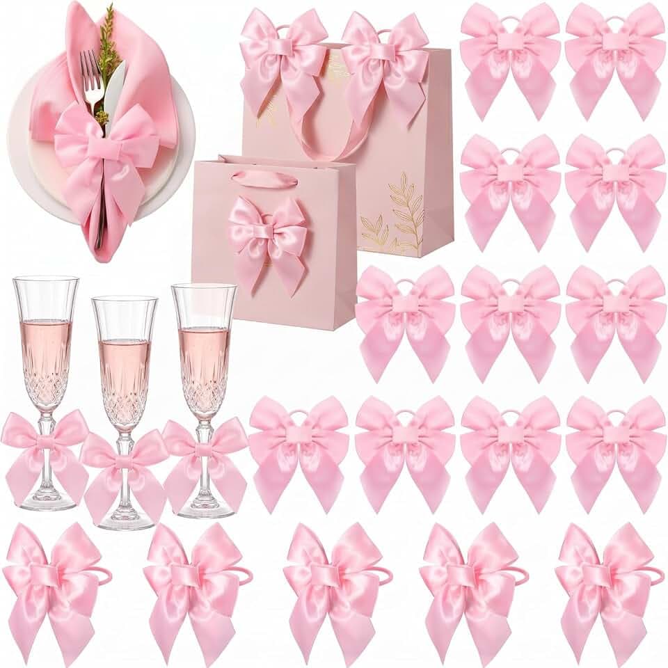 Hahafelt 25 Pcs Pink Bow Napkin Rings Velvet Holders for Wedding Dinner