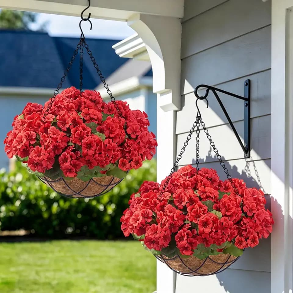 2 Set Artificial Geraniums Hanging Baskets 16 Pcs Outdoor Faux Geraniums