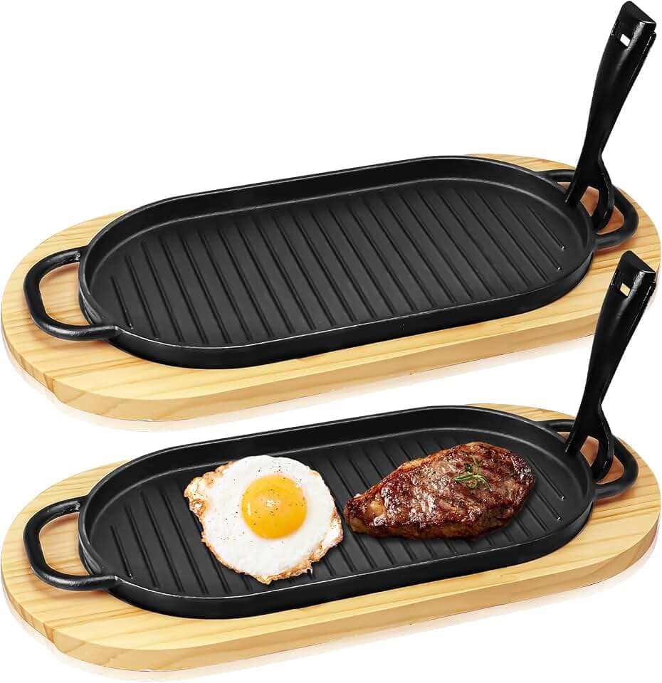 2er-Set Gusseisen Servierpfännchen mit Holzunterlage, 30 x 16 cm Oval Grillpfanne Serviergusseisen, Grillpfännchen Pfännchen mit Abnehmbarem Griff für BBQ Fisch Steak