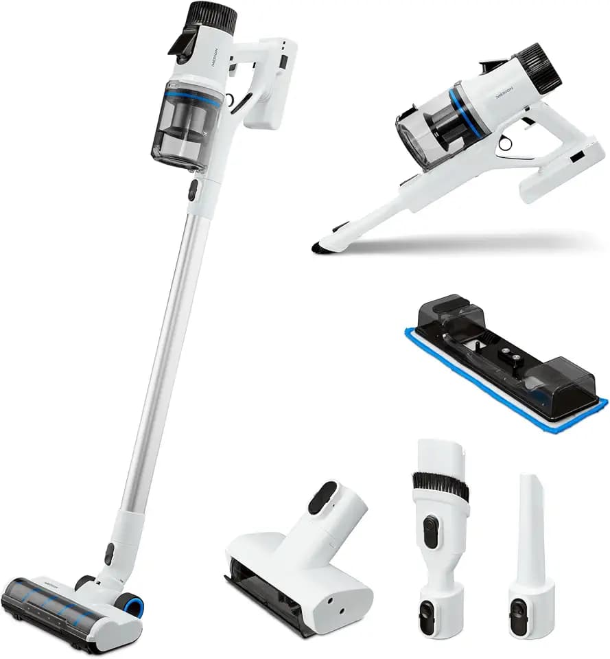 MEDION P350 W Stabstaubsauger mit Wischfunktion (kabellos, beutellos, Zyklon-Technologie, 350 Watt, 2in1 Stielstaubsauger Handstaubsauger, Akku, Staubsensor, HEPA H13, LED Touch Display, Bürstenrolle)