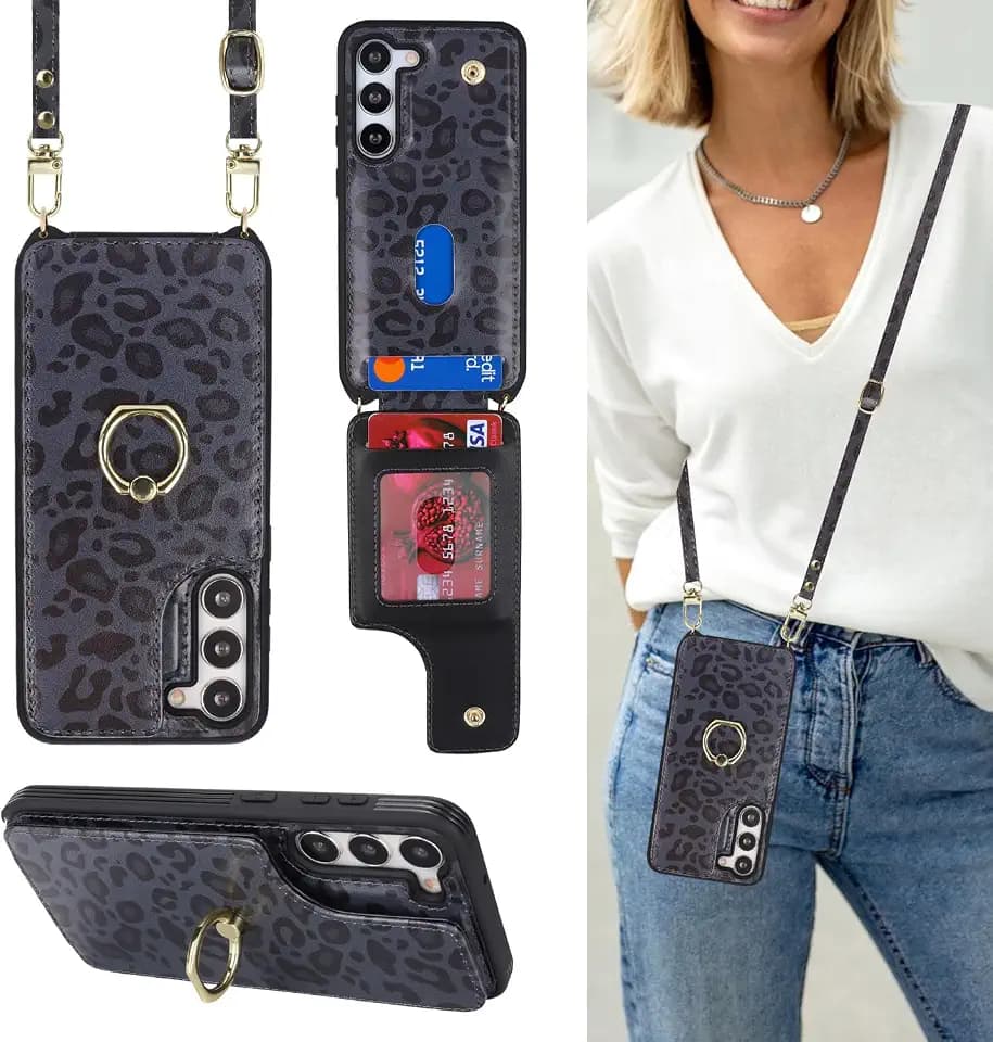 Lipvina for Samsung Galaxy S23 Plus Case with Card Holder and Strap for Women,Crossbody Lanyard,Ring Stand,Snap Clasp,Cute Phone Wallet Cases 6.6 inch(Black Leopard)