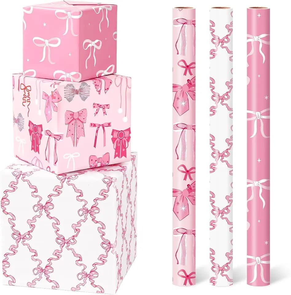 WERNNSAI Pink Wrapping Paper Birthday 3 x 10ft Princess Bow Wrapping Paper