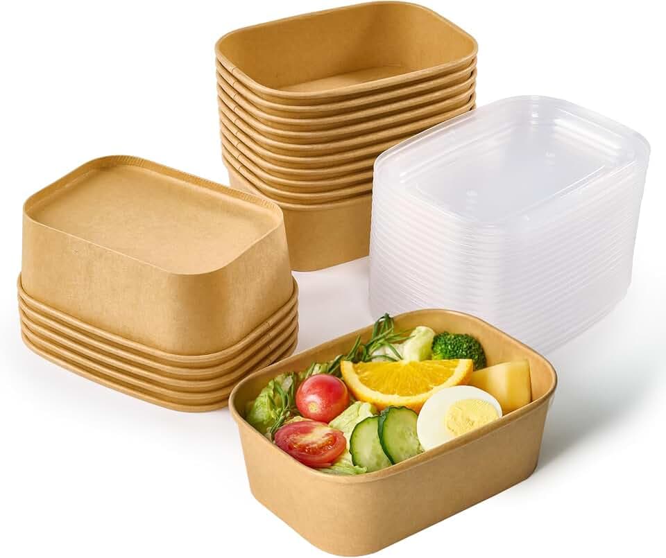 JOLLY CHEF 50 Pack Paper Food Container with Lid 25 oz Meal Prep Containers