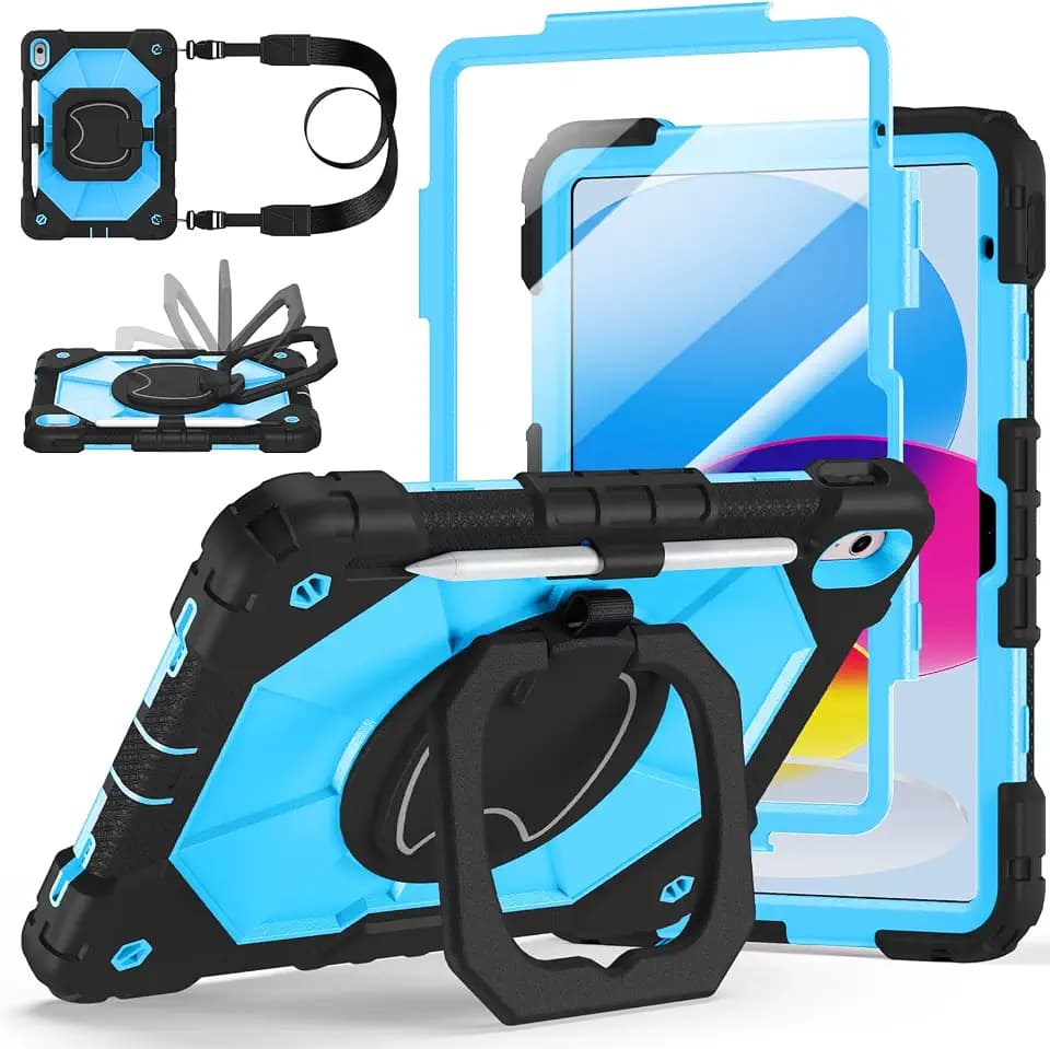 Case for iPad (A16) 11th/10th Generation 11/10.9 Inch 2025/2022, Ubearkk for iPad a16 case with Screen Protector, 360 Degree Rotating Stand Shoulder Strap Pencil Holder,Black Blue