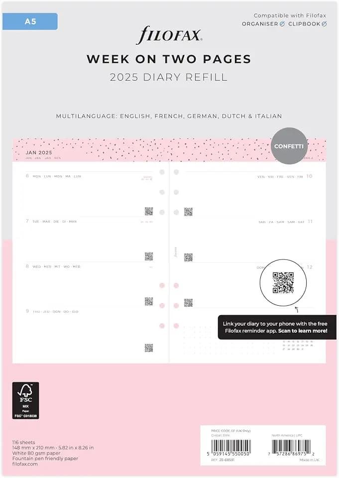 Filofax A5 Confetti WTV Illustrated Diary Refill Pack 2025