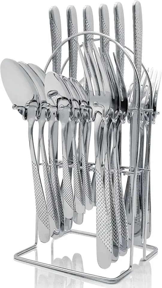 Gold Silverware Set, Caliamary 24 Pieces Flatware Set with Silverware Holder, Stainless Steel Knives and Forks and Spoons Cutlery Set Service for 6, Kitchen Utensil Tableware Set with Antiskid Handle