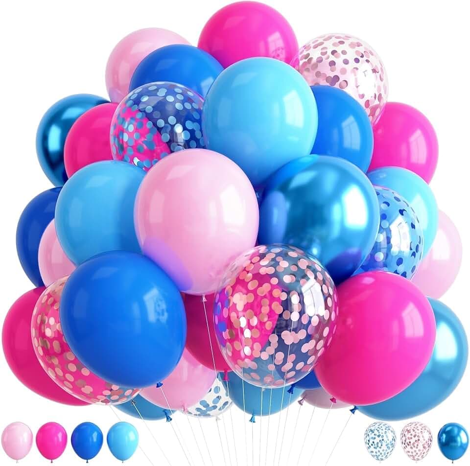 Pink and Blue Summer Balloons, 12 Inch Hot Light Pink Metallic Dark Blue Latex Balloons with Confetti Balloon for Tropical Hawaiian Gender Reveal Cartoon Birthday Pool Baby Shower Party Decorations