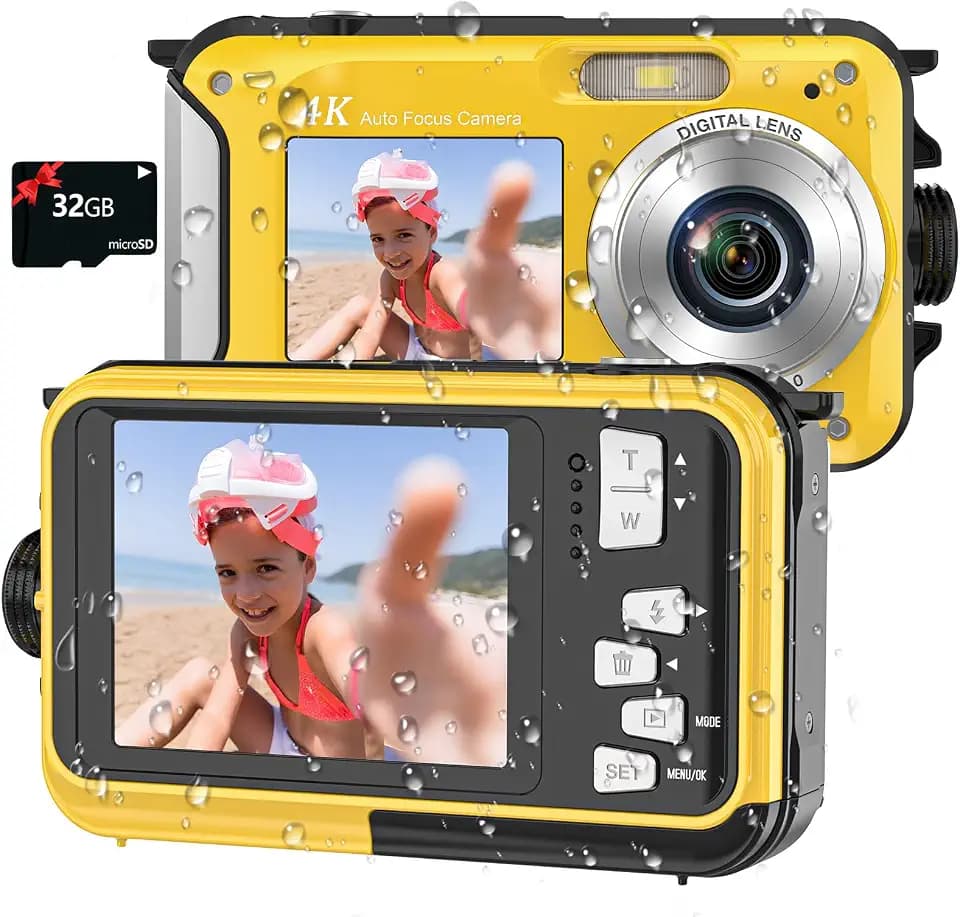 4K Underwater Camera 16FT Waterproof Dual-Screen with 32GB Card (Yellow)
