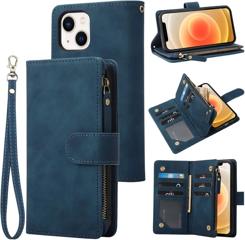 RANYOK Wallet Case Compatible with iPhone 13/14 (6.1 inch), Premium PU Leather Zipper Flip Folio Wallet RFID Blocking with Wrist Strap Magnetic Closure Built-in Kickstand Protective Case (Blue)