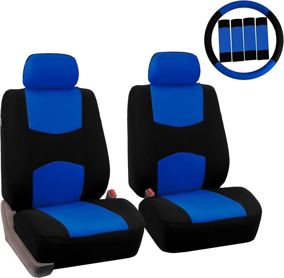 FH Group Car Seat Covers Flat Cloth Front Seats Only Blue Automotive Seat Cover, Airbag Compatible Universal Fit Interior Accessories Cars Trucks SUV Combo Steering Wheel Cover & Seat Belt Pads