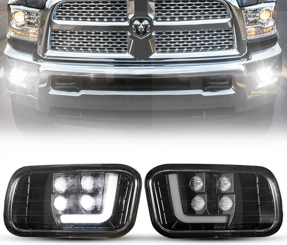 BUNKER INDUST Dodge Ram LED Fog Light with Daytime Running Light Set,Pair Spot Flood Driving Fog Lamps L-type DRL Replacement for Ram 2009-2012 1500,2010-2014 2500, 2010-2012 3500