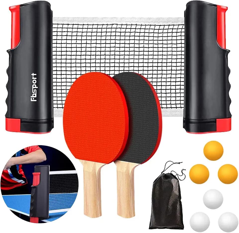 FBSPORT Tischtennis Set Profi für Tisch mit 2 Tischtennisschläger + Einziehbarem Netz + 6 Tischtennis-Bälle + 1 Tragetasche, Table Tennis Set für Erwachsene Familien Indoor Outdoor