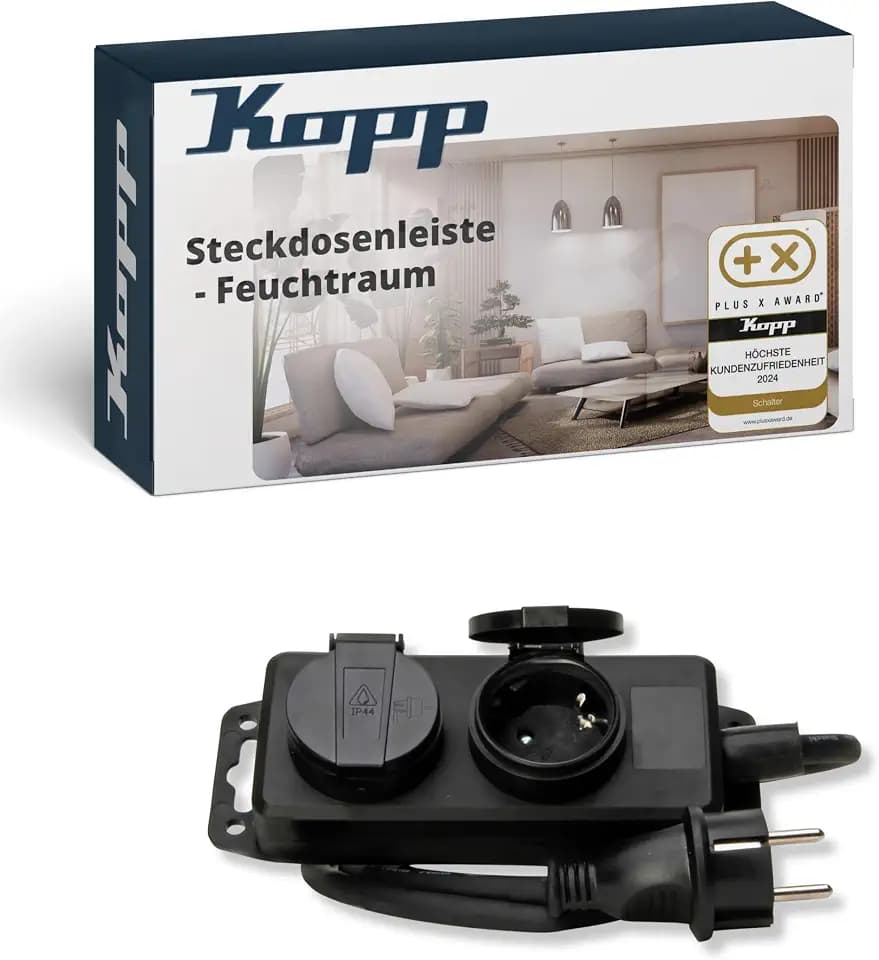 Kopp 2-Fach Feuchtraum-Steckdosenleiste in Schwarz - Robuste Mehrfachsteckdose mit Klappdeckeln & 1,4 Kabel - IP44 spritzwassergeschützt - Anschraubbar & aufhängbar - für 16A & 250V~