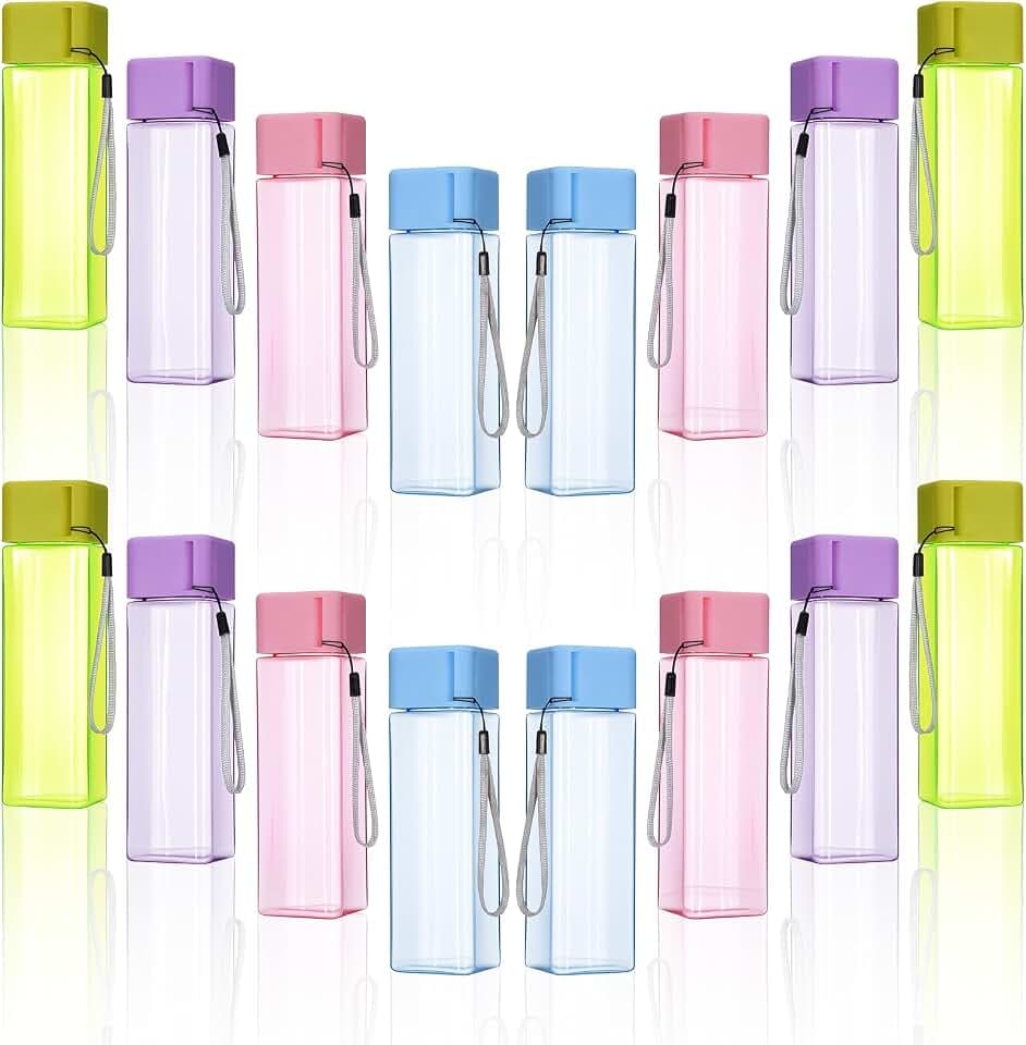 24 Pack Bulk Water Bottles, 17 Oz Plastic Water Bottles Reusable - Spill Proof Clear Colorful Square Drink Bottle for Gym Sports Fitness Office Travel Outdoor Activities