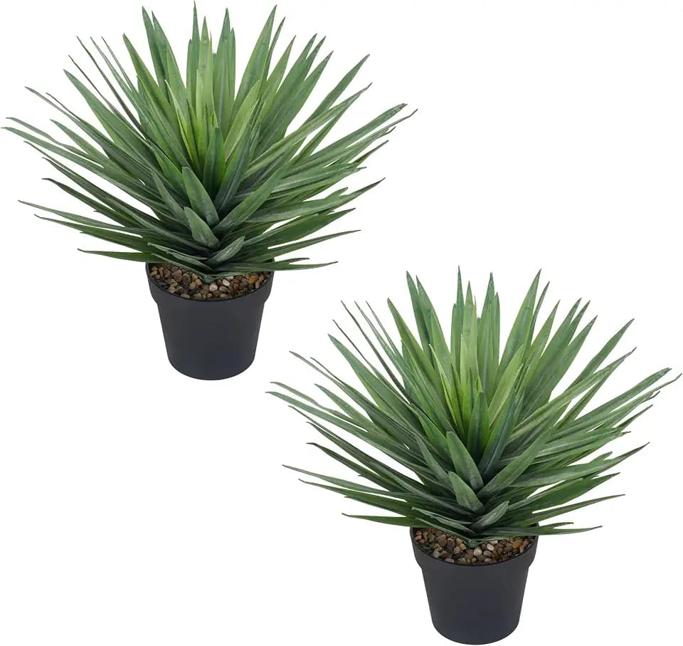 22 Inches Artificial Agave Plant for Indoor & Outdoor - Large Fake Agave Plant in Black Pot with Real Stone Pebbles, Modern Home Office Decor, 105 Leaves (2 Pack)