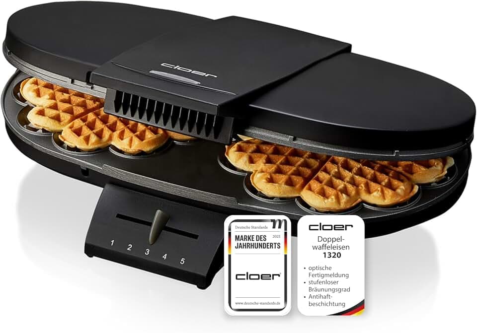 Cloer 1320 Doppelwaffeleisen für zwei klassische Waffeln, 1200 W, Waffelgröße 15,5 cm, optische Fertigmeldung, Edelstahl, schwarz