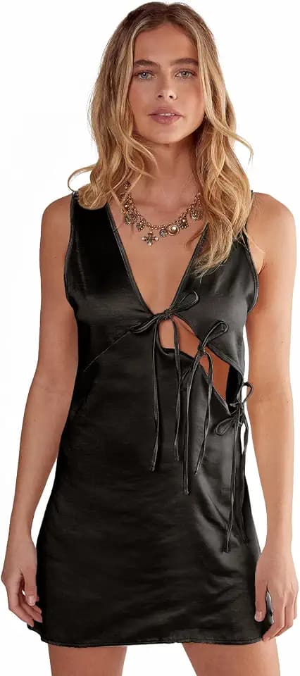 Nasty Gal Textured Satin Asymmetric Tie Plunge Mini Dress