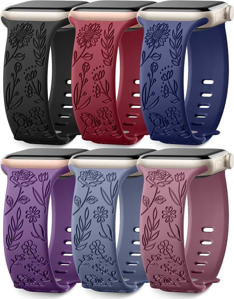 6 Pack Floral Engraved Bands Compatible with Apple Watch for Women