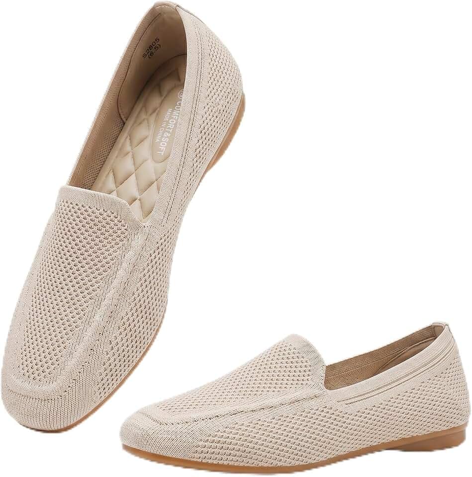 Puxowe Women's Square Toe Flats Knit Slip On Loafers Comfortable 2026 Dress Shoes with Arch Support Lightweight Breathable Casual Walking Ballet Flats for Work Office