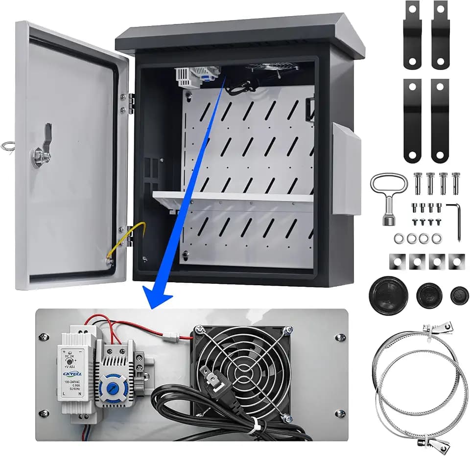 Lockable Electrical Enclosure Box, 19.7"x17.7"x7.9", IP65 Waterproof Metal Junction Box with Thermostat and Cooling Fan, Outdoor Electrical Box with Internal Mounting Plate, Grey & White