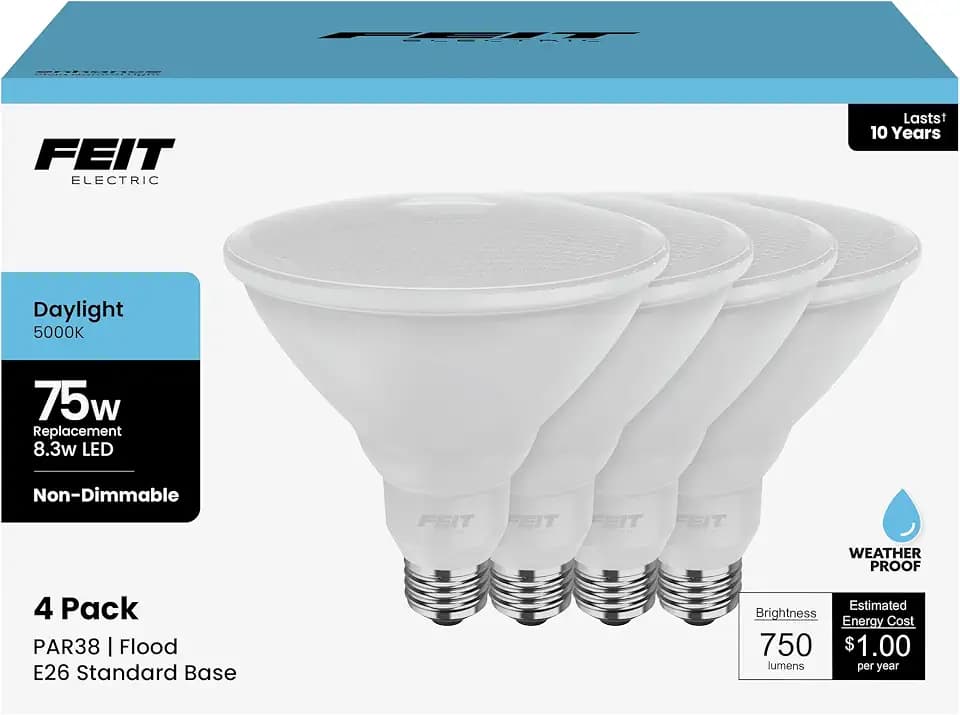 Feit Electric PAR38 LED Light Bulbs, 75W Equivalent, 5000k Daylight, 750 Lumens, E26 Base, Flood Light for Landscape & Track Lighting, 11,000-Hour Lifetime, PAR38/950CA10K/MP/4, 4 Pack