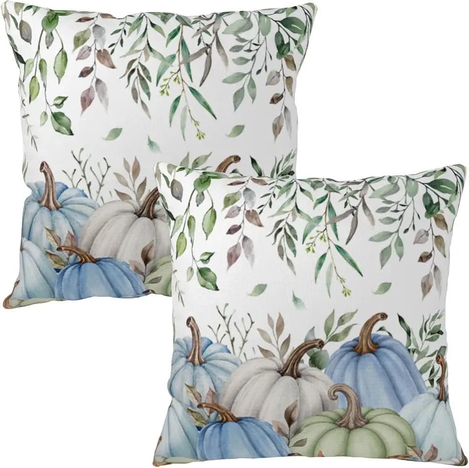 Fall Blue Green Pumpkin Throw Pillow Covers 24x24 Set of 2 Eucalyptus Leaves Autumn Pillow Cases Farmhouse Thanksgiving Outdoor Decorative Cushion Covers for Sofa Couch Home Decor