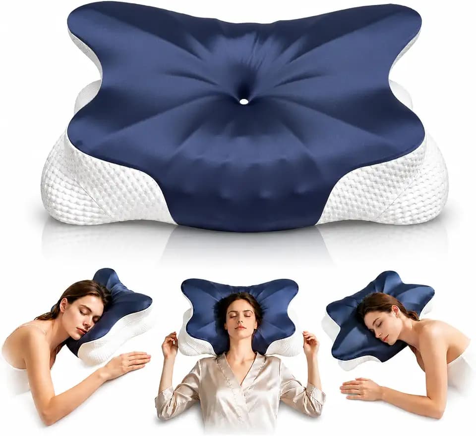 Ergonomisches Kopfkissen - Zwei Höhen Seitenschläferkissen mit Kühlender Eisseide-Bezug, Oeko-TEX Standard 100 Nackenkissen für Seiten, Rücken & Bauchschläfer, Mitternachtsblau-Weiß