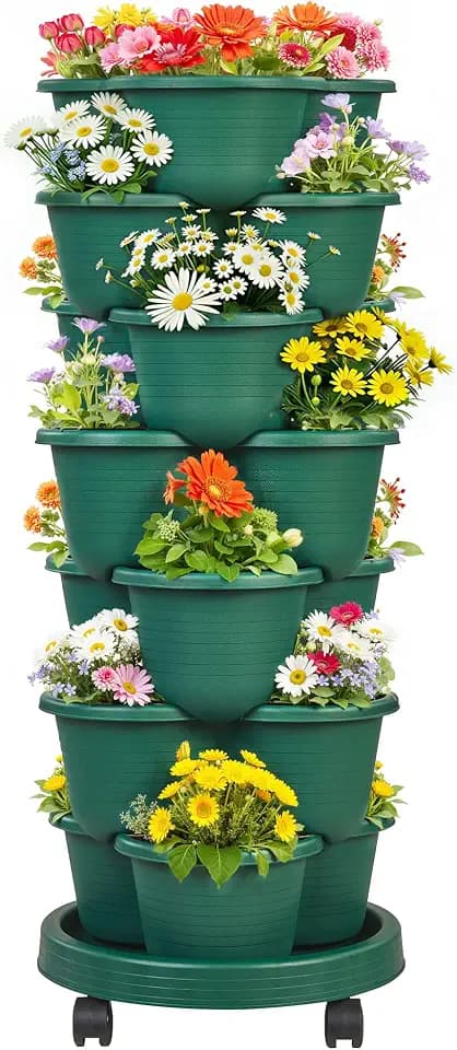 VECELO 7 Tier Vertical Garden Planter, Self Watering Stackable Planters with Wheels for Strawberries, Herbs, Flowers, Vegetables, Dark Green