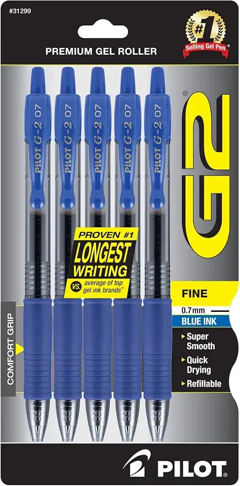 PILOT G2 Premium Gel Pens, Fine Point 0.7mm, Blue Ink, 5-Pack