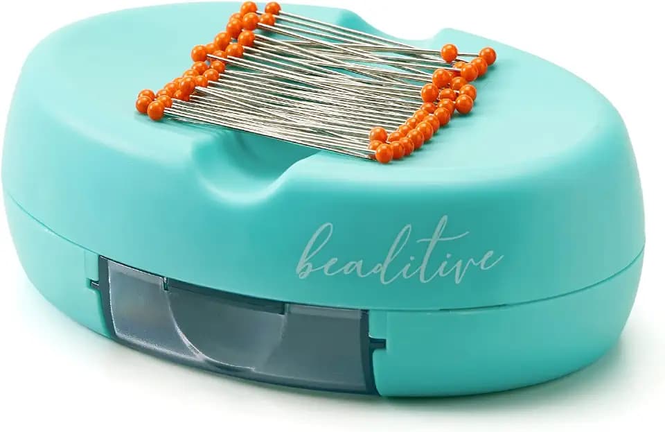 Beaditive Magnetkissen mit Schublade - Starker Magnethalter für Nähnadeln - 50 Glaskopfnadeln inklusive - schicker Korb für Nähnadeln, Büroklammern, Schrauben - Türkis