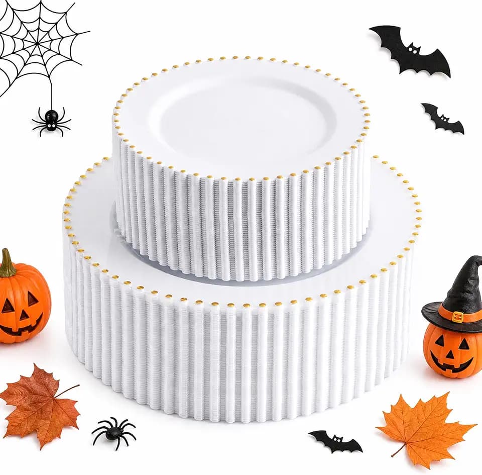 supernal 100pcs White Plastic Plates with Gold Beads for Bridal Showers