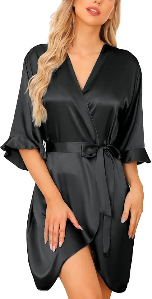 Wikoan Damen Satin Bademantel Morgenmantel Kimono Robe Kurzer Satin Bademantel Mit Gürtel V-Ausschnitt Kimono Bademäntel