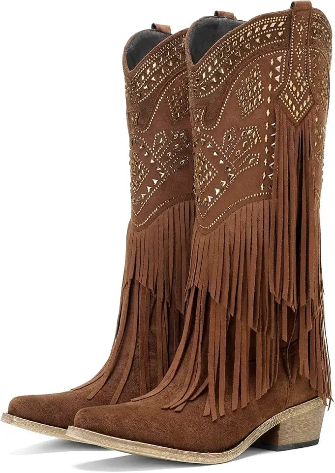 UTIKLIOU Cowboy Boots for Women Knee High Cowgirl Western Fringe Boots Rhinestone Chunky Heel Pointed Toe