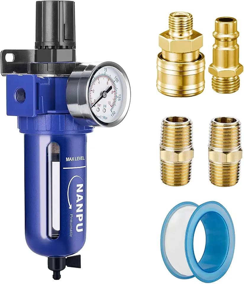 NANPU 1/4" BSP Druckluftfilterregler, Zinklegierung, 5 Mikron Messingelement, 0-10 Bar Manometer, Schnelllöse-Behälter, Handablauf, Metallhalterung