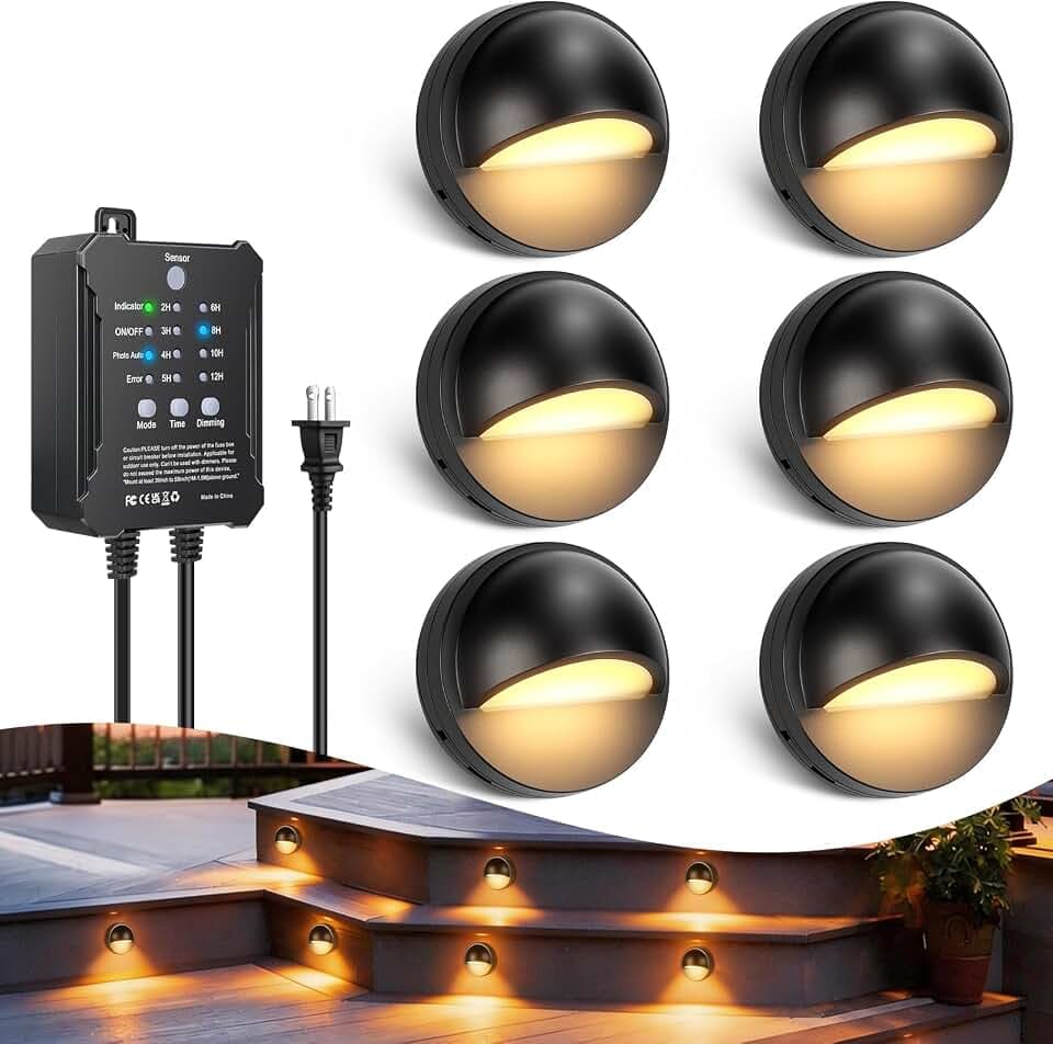 Low Voltage LED Deck Lights Kit with Plug-in Transformer, Dusk-to-Dawn Timer and Photocell Sensor, 3000K Warm White IP67 Waterproof Outdoor Step Lights for Deck Stairs, Railing, Fence, Patio (6 Pack)