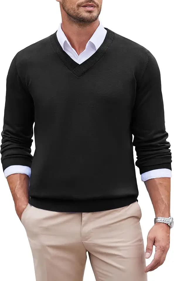 COOFANDY Pullover Herren V Ausschnitt Strickpullover Herrenpullover Langarm Regular Fit Feinstrick Pulli Casual Business Winterpullover Sweater Einfarbig Schwarz L