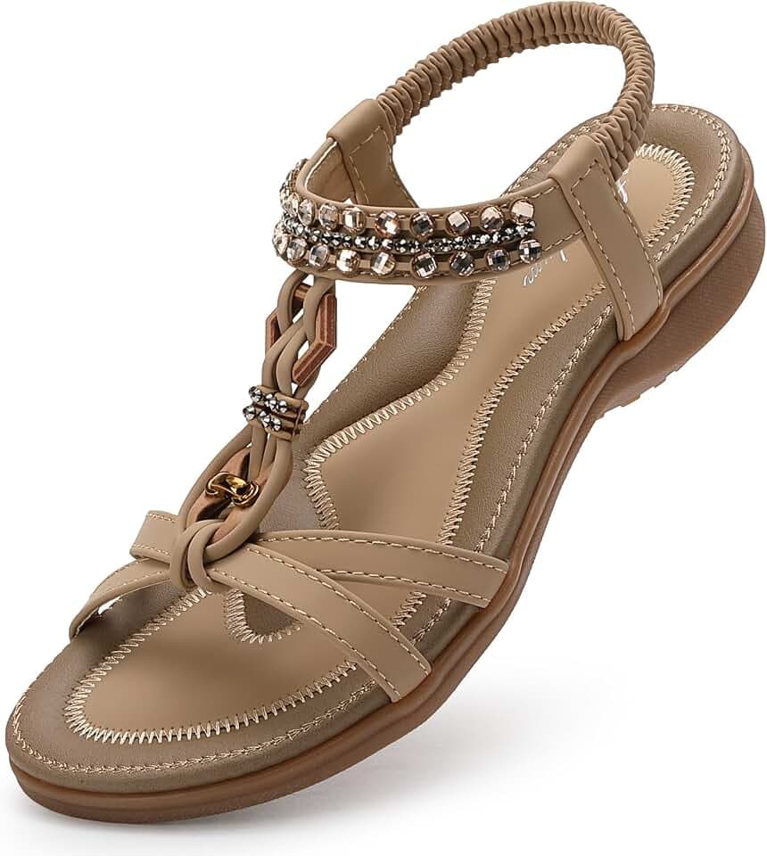 Littleplum Sandalen Damen Sommer Flache Sandalette Bohemia Sandals mit Strass Perlen Freizeit Damen Strand Schuhe Sandalen, Beige,38 EU
