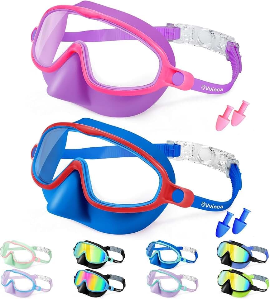 Vvinca Kids Swim Goggles with Nose Cover 2 Pack for 3-15 Anti-Fog Wide View