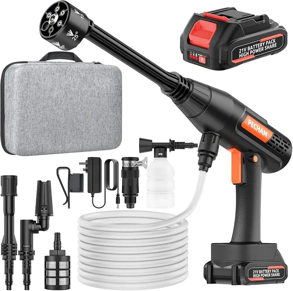 Akku Hochdruckreiniger, Mobiler Hochdruckreiniger mit 4.0Ah Batterie, 6-in-1 Multifunktionale Düse und 5M Anti-Frost-Schlauch, 3 Einstellbare Modi für Autos, Terrasse, Fenste und Gartenreinigung