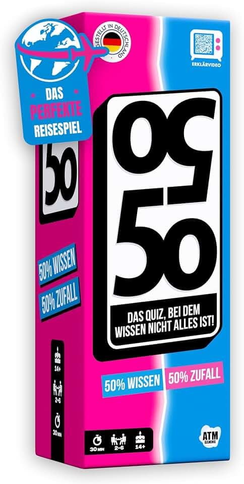 ATM Gaming 5050-50% Wissen, 50% Zufall- Das lustige Quizspiel - Kartenspiel für Jugendliche und Erwachsene - Schnell und Verrückt - 2 bis 6 Spieler - Kartenspiel ab 14 Jahren - Familienspiel