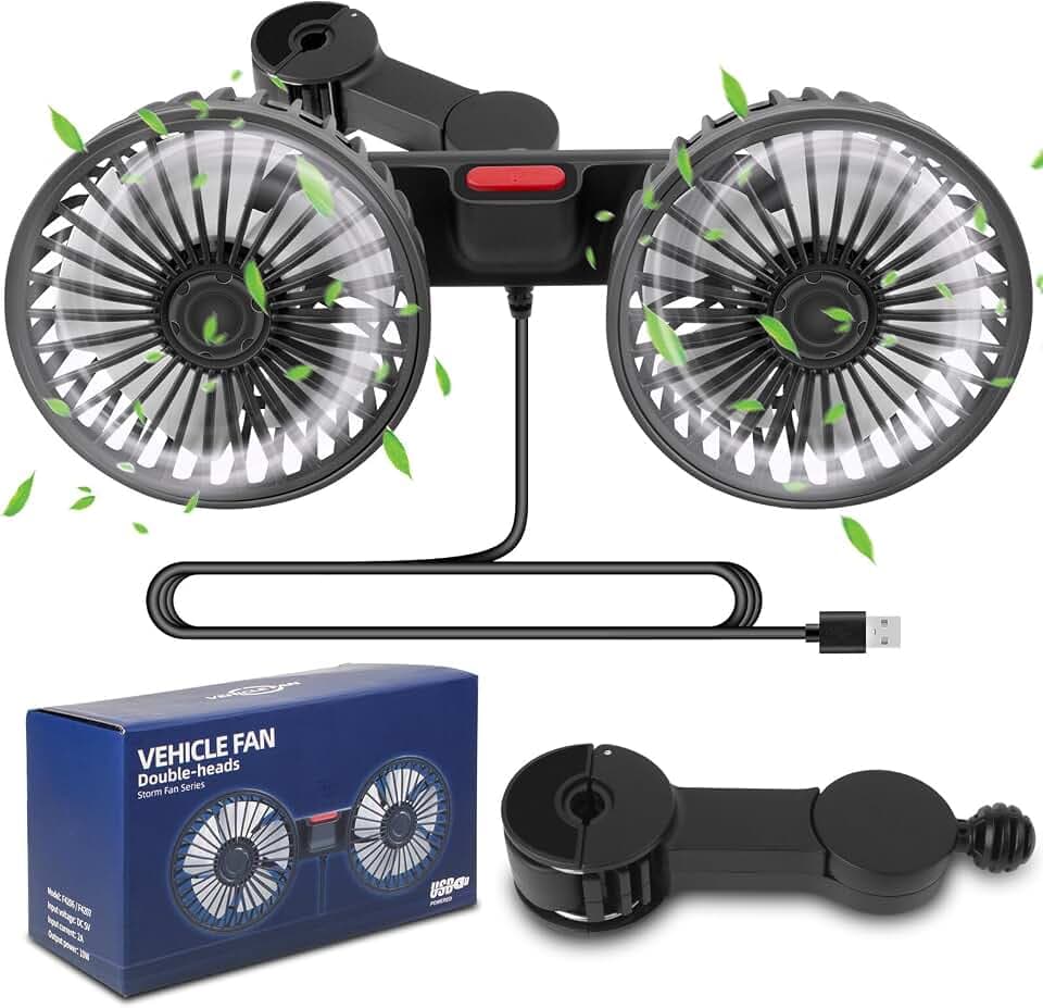 Auto Ventilator, 5V 2A Doppelkopf Kopfstütze Autolüfter, 3 Gang Einstellbar Auto Ventilator für Rücksitz, Auto Lüfter 360° Drehbar, USB Ventilator Auto, Rücksitz-autoventilator für Autos