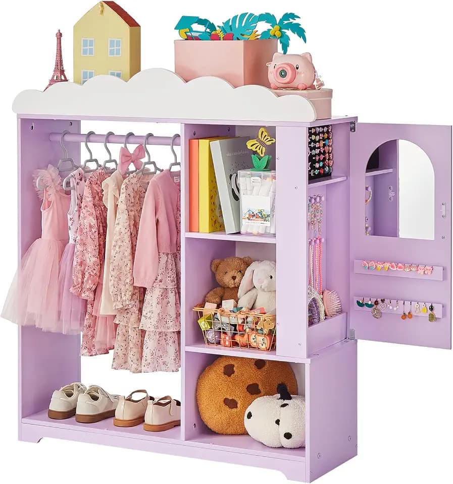 VEVOR Kids Dress Up Storage, with Jewelry Cabinet, Dress Up Closet with Mirror and Shelves, Princess Costumes Wardrobe Closet, Toddler Costume Organizer Armoire, for Bedroom, Kids Room, Girls, Purple