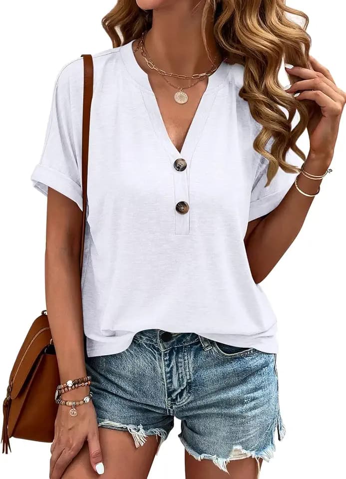EADINVE Womens Tshirts V Neck Short Sleeve Buttons Tops Tee Solid Color