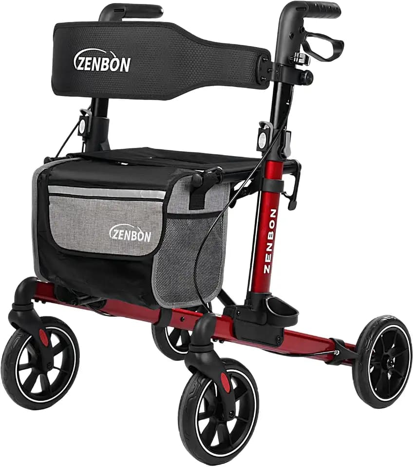 Rollator Walker for Seniors/Adults Foldable in Two Directions Rolling Walker with Seat 330 lbs Capacity 4 Big 8 inch Wheels Hand Grips Adjustable Height Lightweight Aluminum Walker 7204(Red)