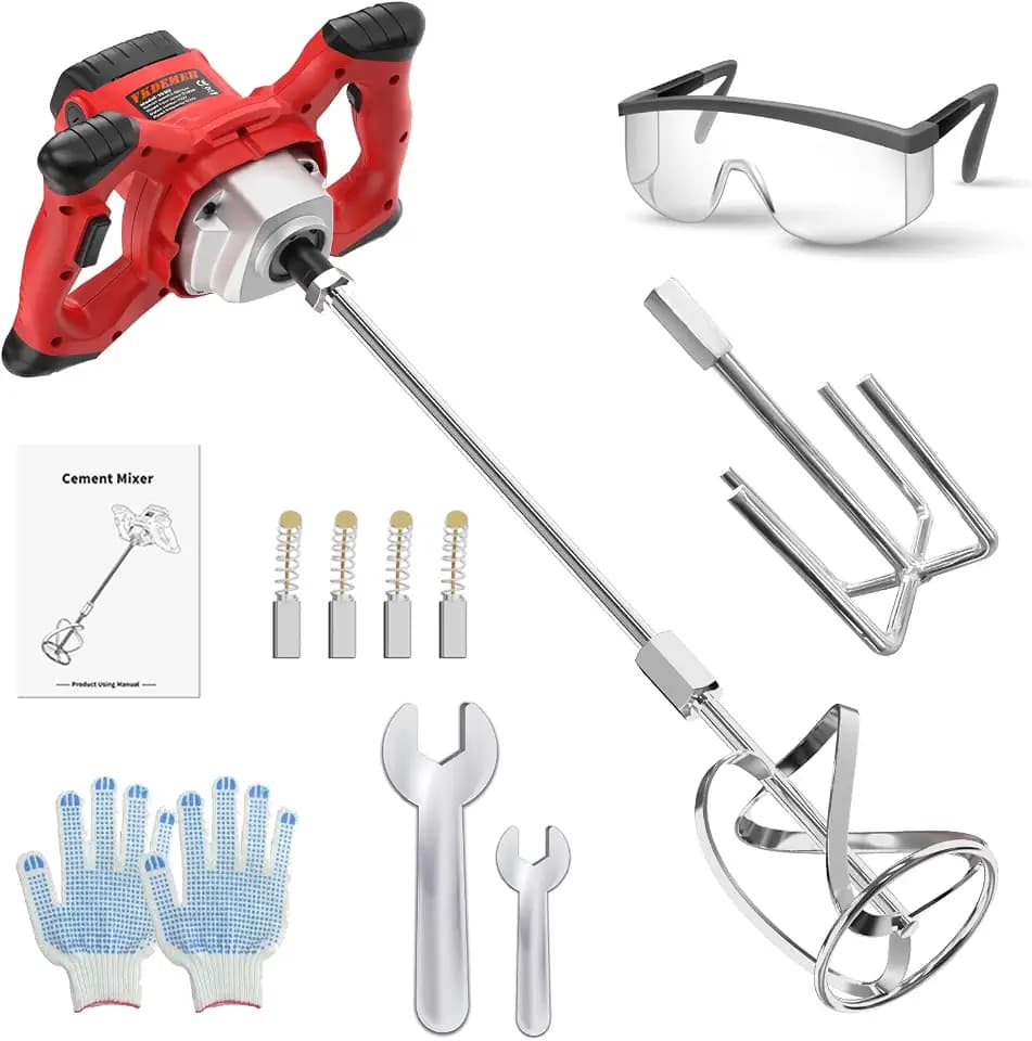 Electric Handheld Cement Mixer, 2pcs Mixing Heads Included, Portable Mortar Mixer with 6 Adjustable Speed, 110V Mud Mixer for Mixing Plaster,Cement, Paint, Fodder