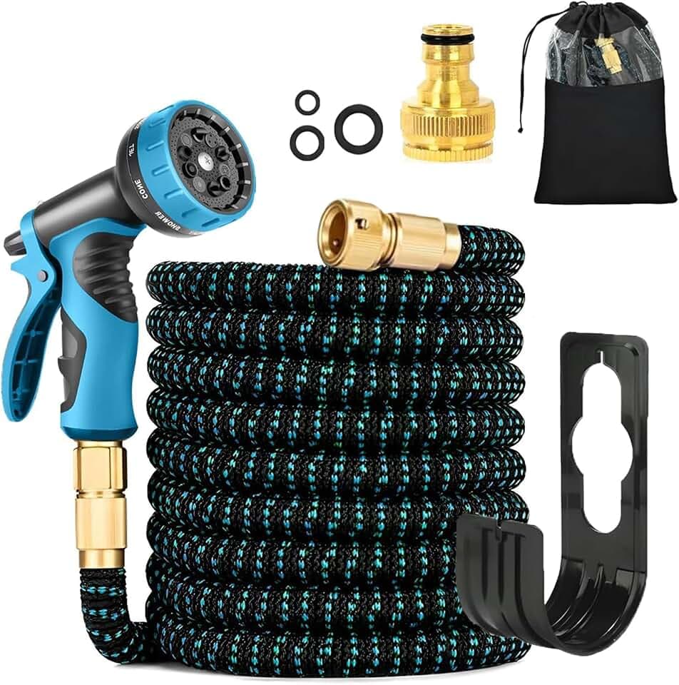 Gartenschlauch Flexibel, Dehnbarer Wasserschlauch mit 10-Funktionen-Sprühkopf, Adapter für 1/2' 3/4' Zoll und Wandhalterung, Schlauch Flexibel Bewässerung für den Außenbereich (50FT)
